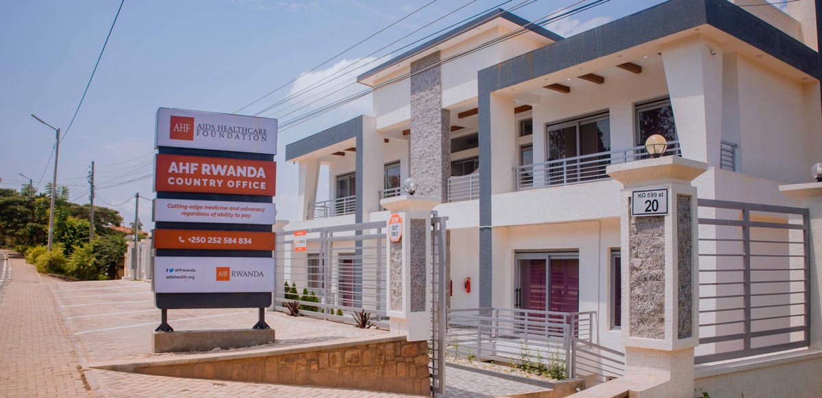 AHF Rwanda - Head office building with informative sign